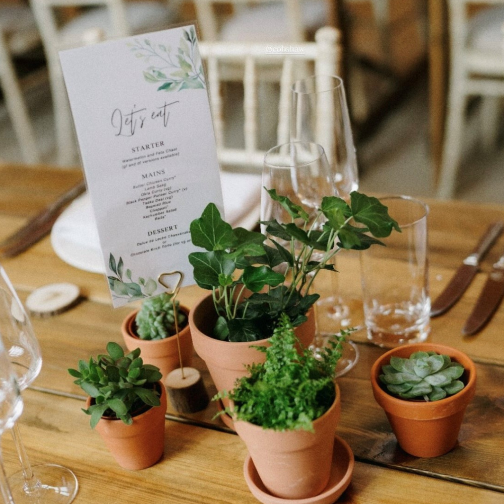 Terracotta potted plant wedding centrepieces creating natural botanical wedding table décor with reusable living plants.