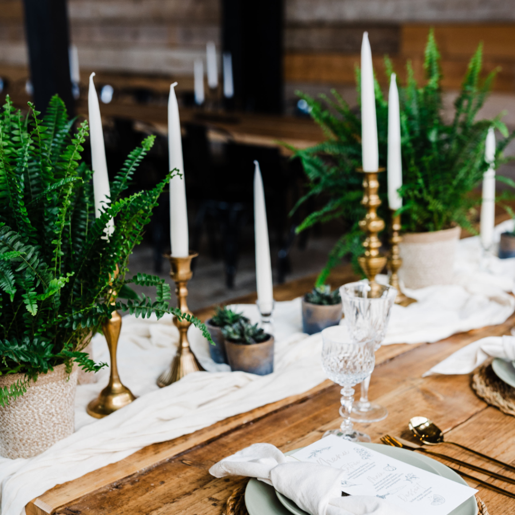 Banquet wedding table styled with living plant centrepieces, candles and botanical wedding décor for sustainable wedding table styling.