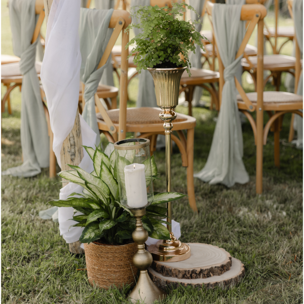 Outdoor wedding ceremony styling featuring potted plants, candles and botanical aisle décor using sustainable living wedding plants. Gold Pillar candles