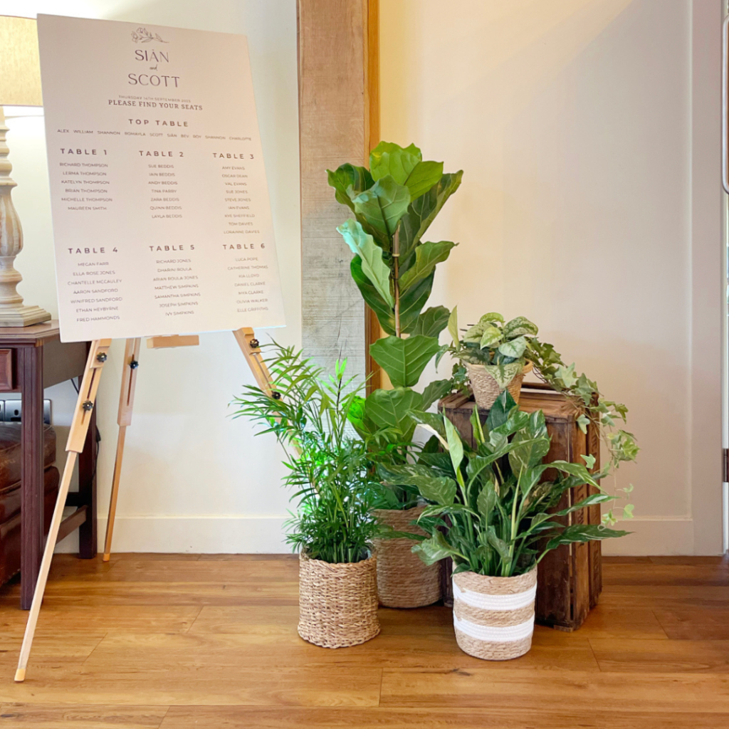 Wedding seating plan styled with a mixed arrangement of living potted plants